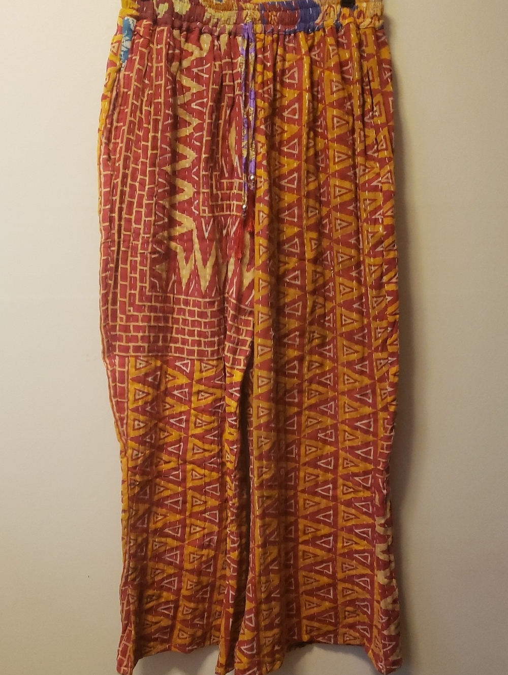 NWT Bohemian Cotton Kantha Wide-Leg Printed Palazzo Pants - Brick & Mustard